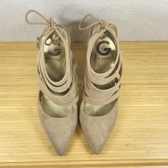 G by Guess Taupe Suede Caged Block Heels Pointed Toe Strappy Pumps Size 7 - Picture 4 of 8